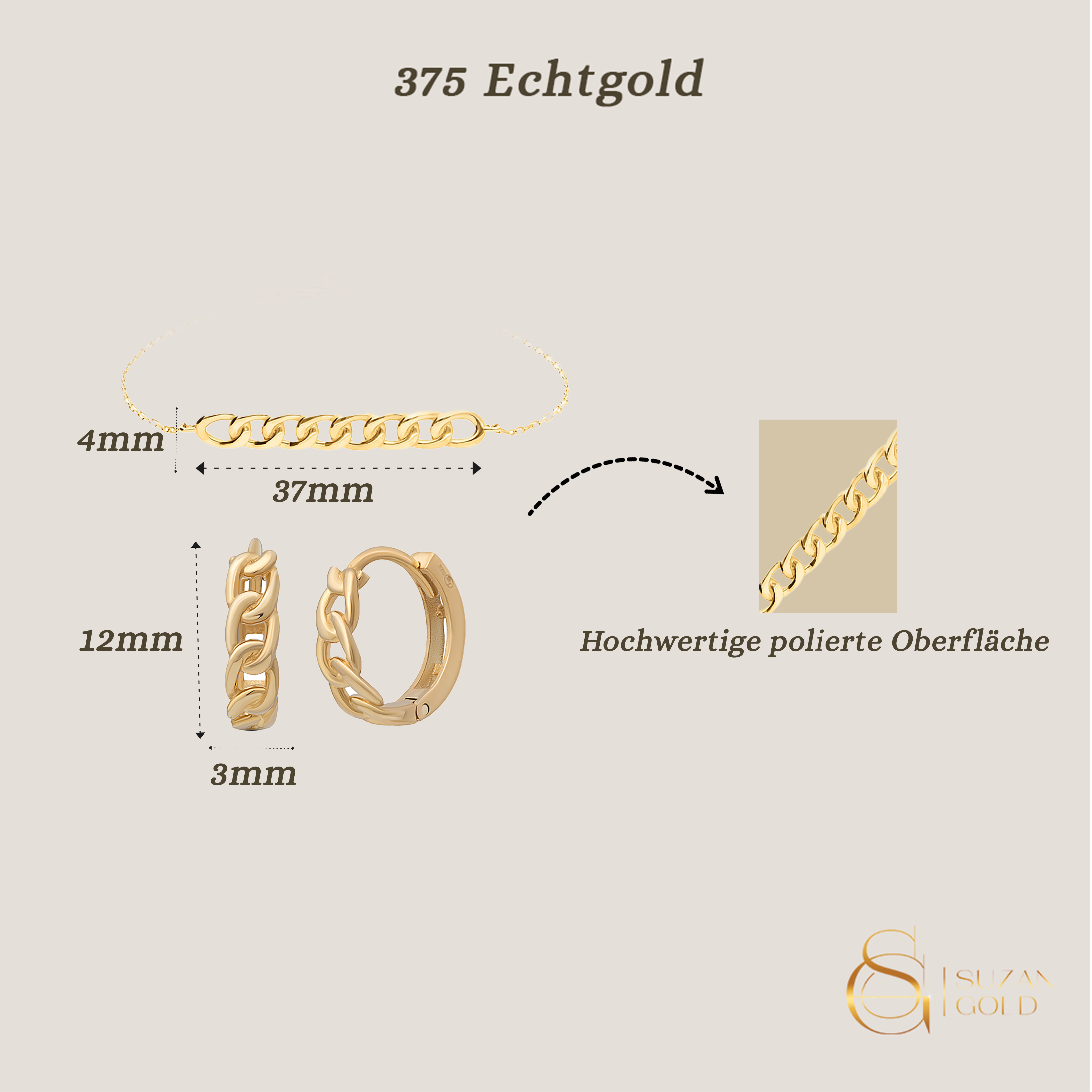 Echtgold Schmuckset Damen – Curb Chain Armband & Creolen aus 375 Gold