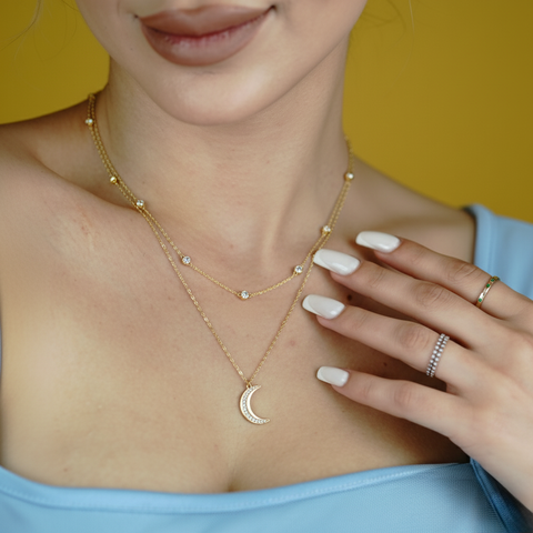 Lunavera – Zweireihige 925 Silberkette mit Zirkonia & Mondanhänger