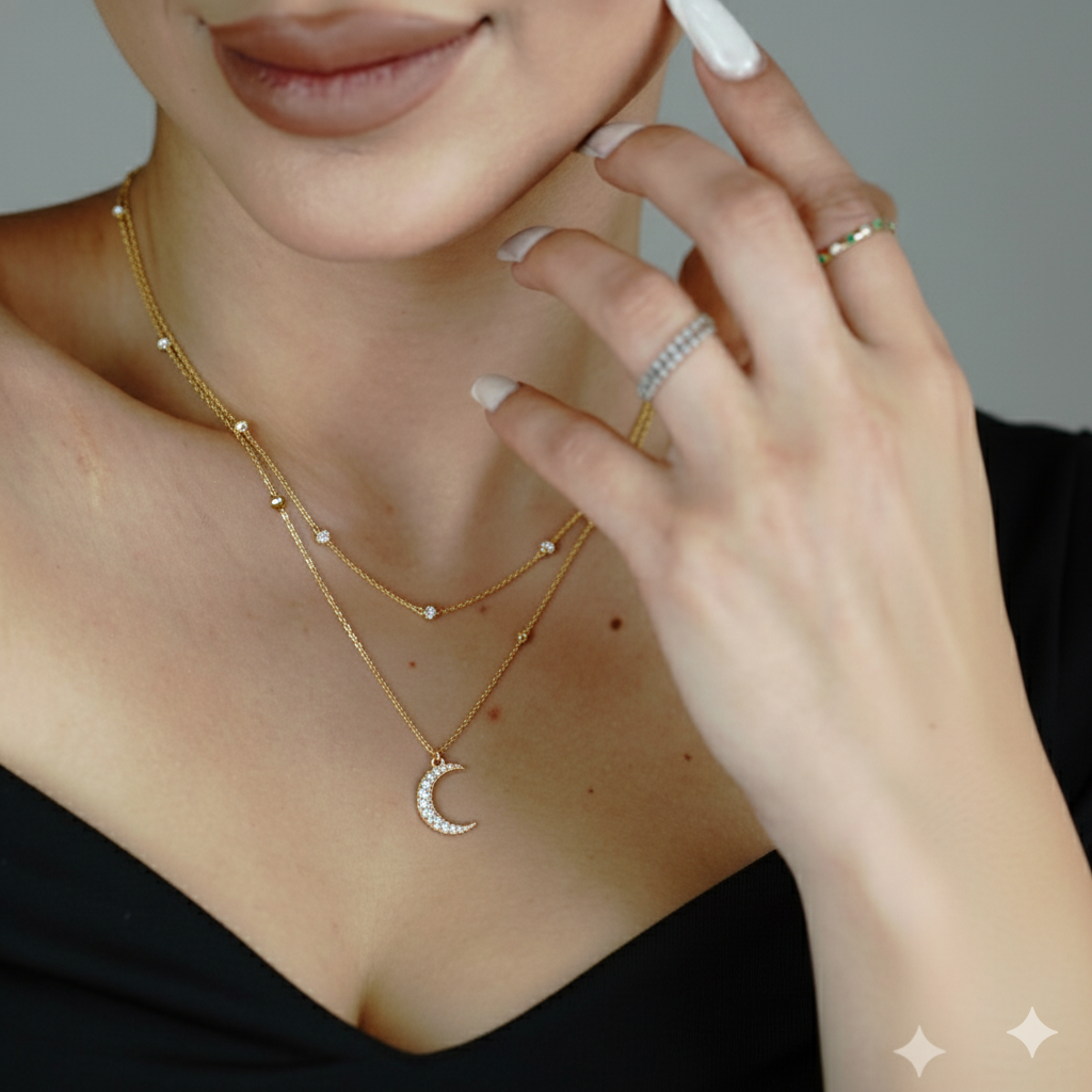 Lunavera – Zweireihige 925 Silberkette mit Zirkonia & Mondanhänger