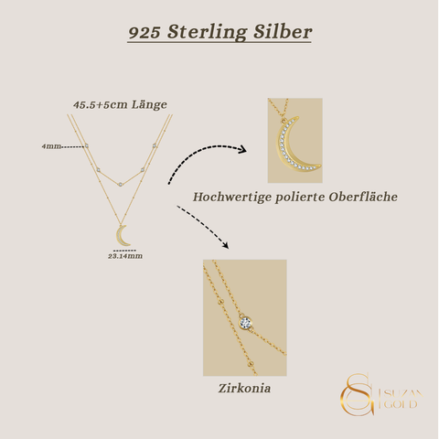 Lunavera – Zweireihige 925 Silberkette mit Zirkonia & Mondanhänger