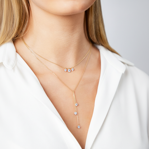 Lunadia – Zweireihige 925 Silber Y-Kette mit funkelnden Zirkonia-Anhängern