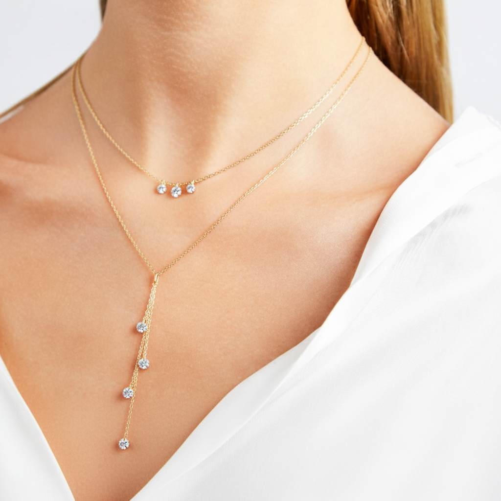 Lunadia – Zweireihige 925 Silber Y-Kette mit funkelnden Zirkonia-Anhängern