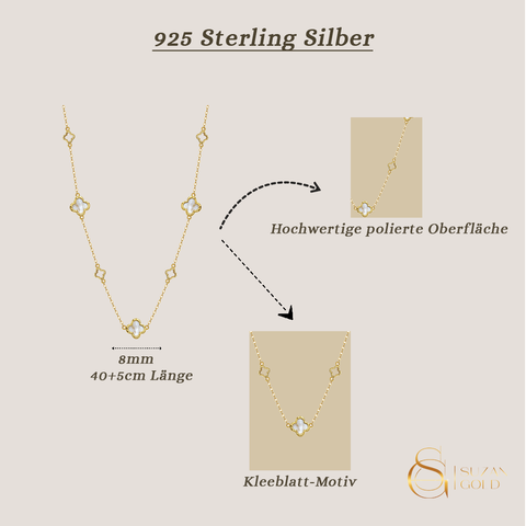 AuroraLuck – Vergoldete 925 Silberkette mit Perlmutt-Kleeblatt & Gliederelementen
