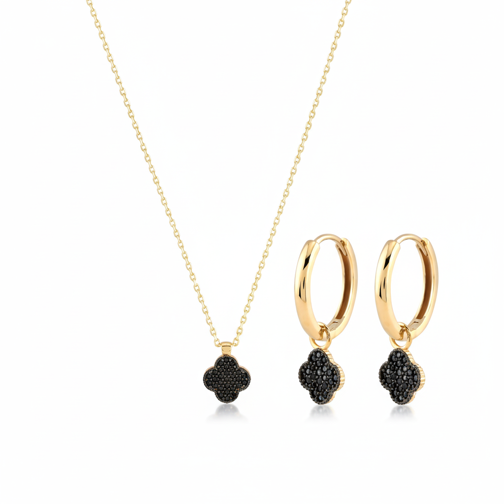 Noirclover – 375 Gold Kette & Ohrringe mit schwarzem Kleeblatt