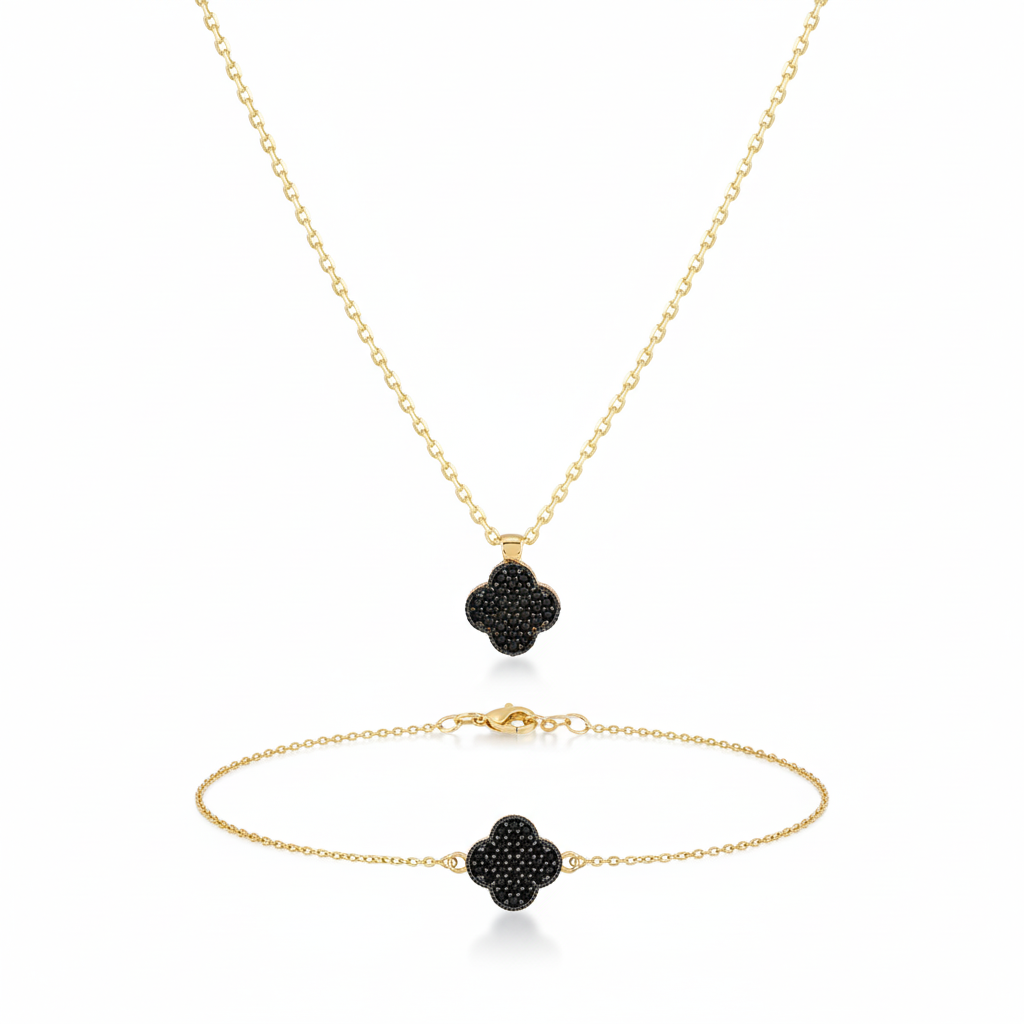 Veloura – 375 Gold Kette & Armband mit schwarzem Kleeblatt