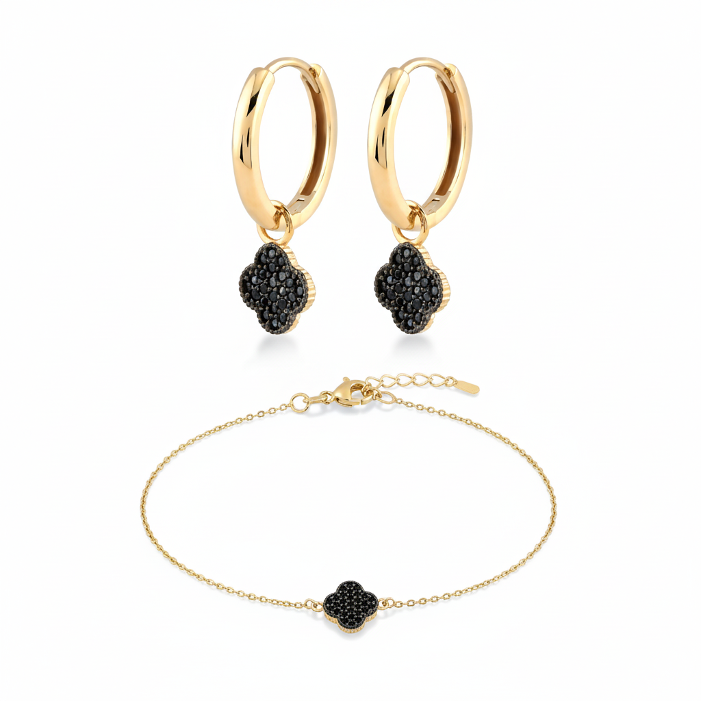 Noira Grace – 375 Gold Ohrringe & Armband mit schwarzem Kleeblatt
