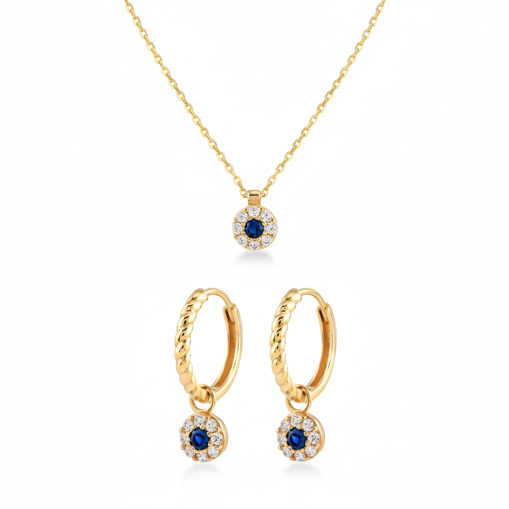 Celestia Bloom – 375 Gold Kette & Ohrringe mit blauem Zirkonia