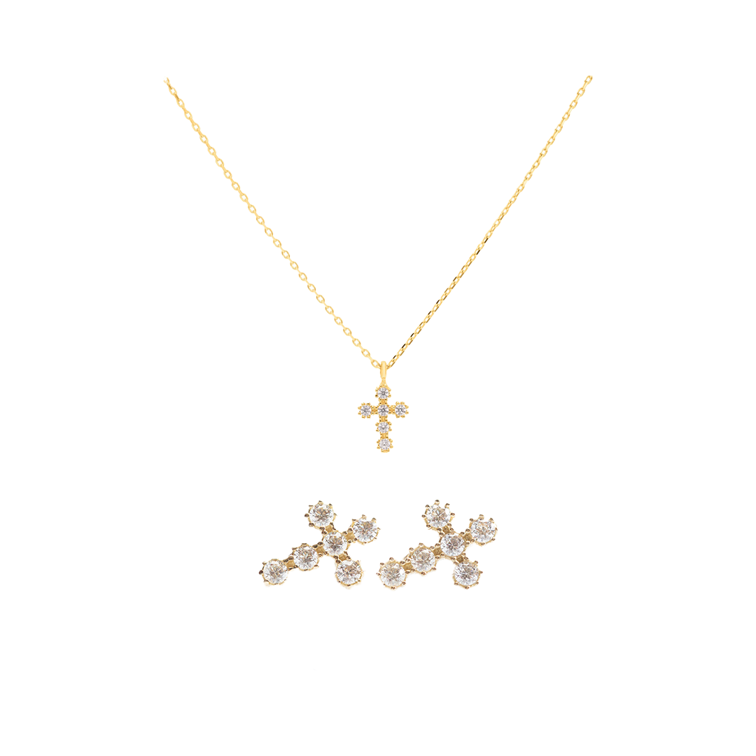 God’s Favorite – Echtgold Kreuzkette mit Zirkonia & passenden Ohrsteckern
