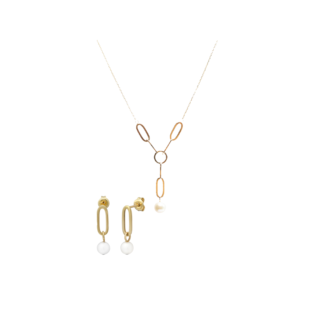 Pearl Whisper Elegance – Echtgold Kette & Ohrringe mit Süßwasserperlen