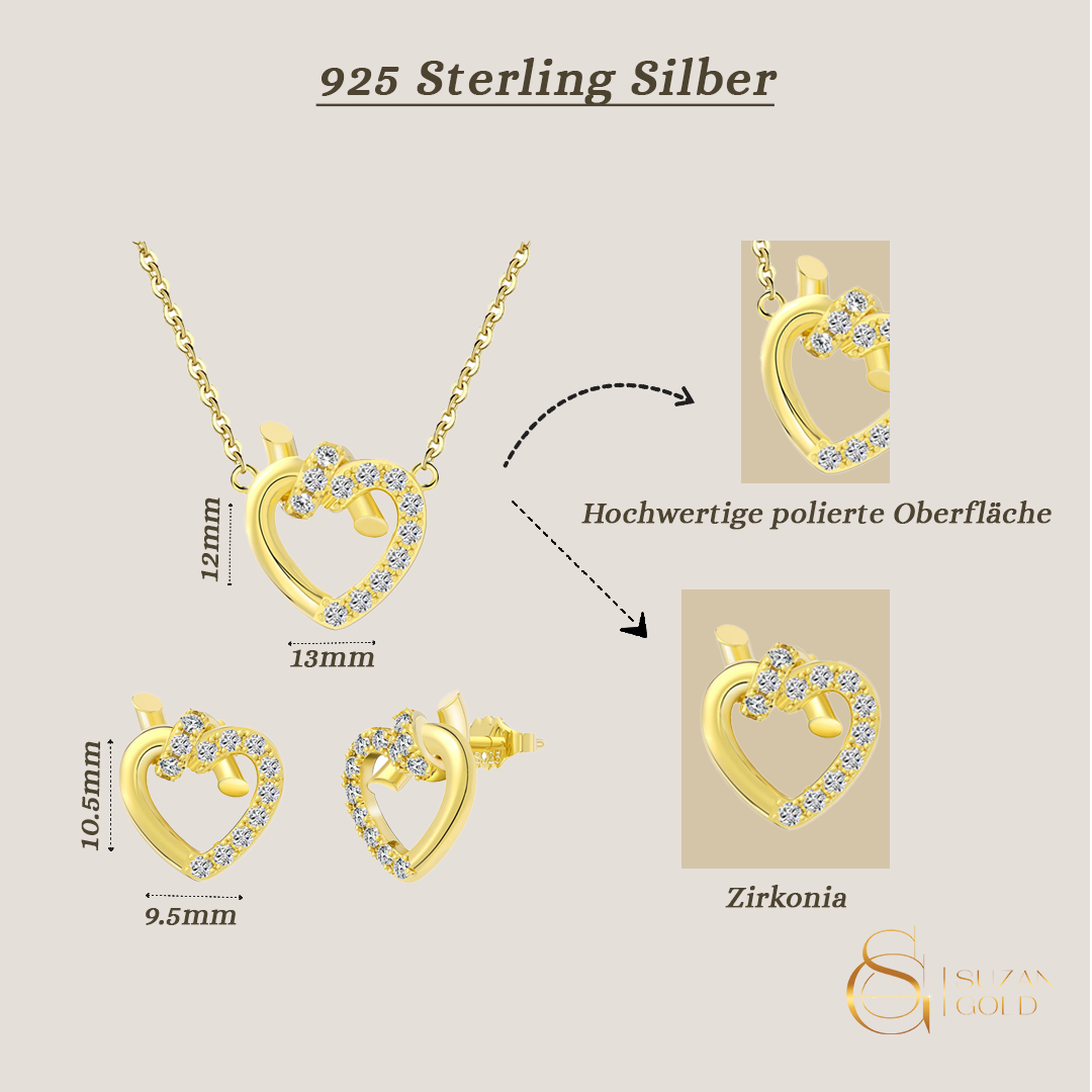 Heartlink Duo – Vergoldetes 925 Silber Schmuckset mit Zirkonia-Herz & Knoten