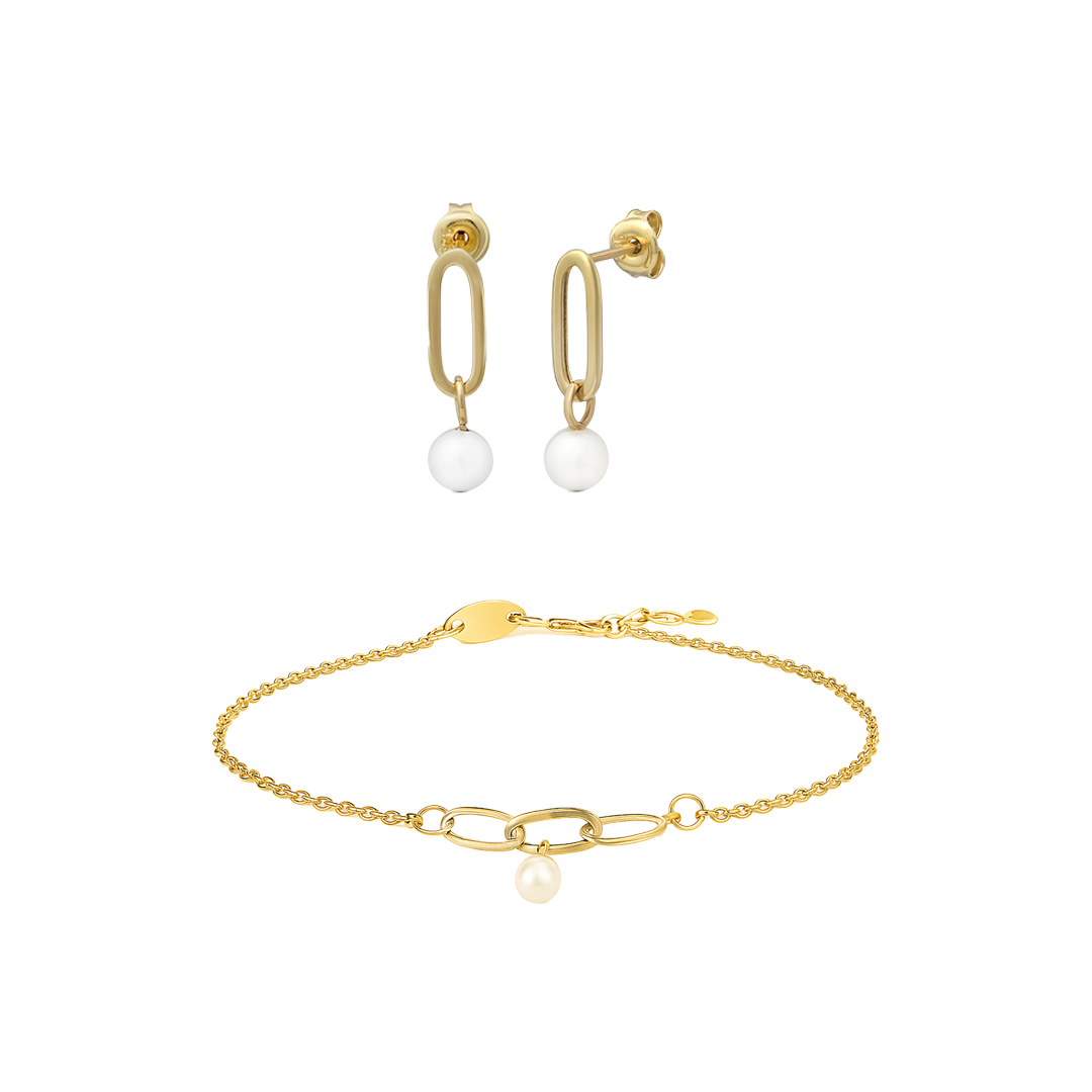 Pearl Whisper Charm – Echtgold Armband & Ohrringe mit Süßwasserperlen