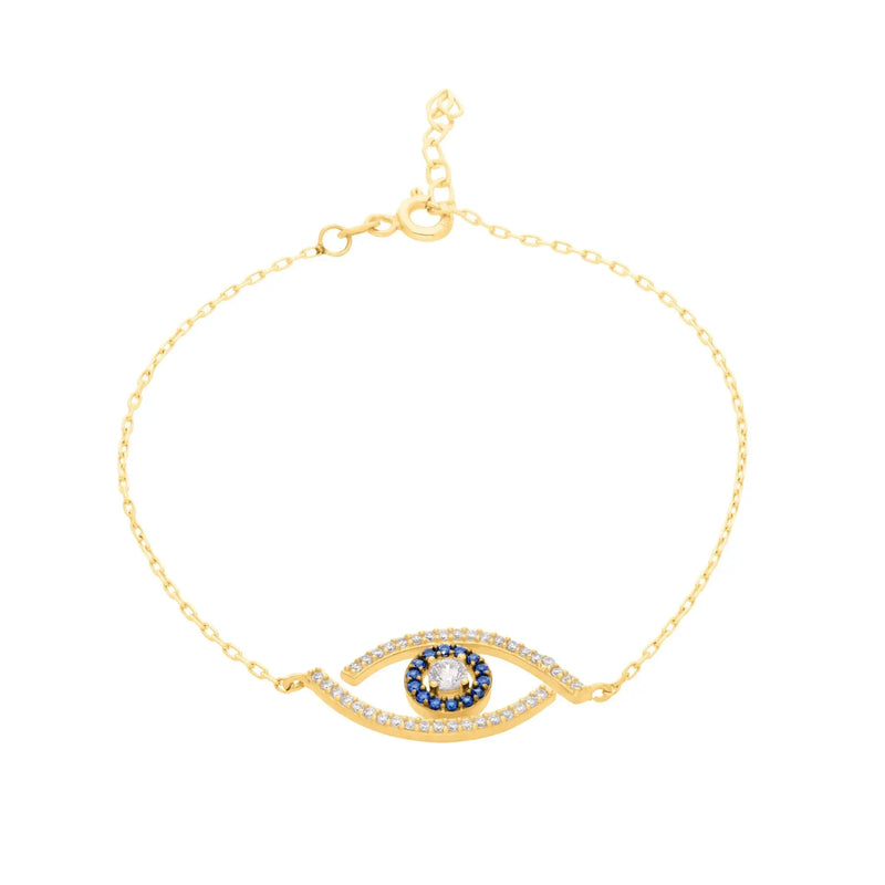 375 Echtgold Evil Eye Armband Damen mit blauem Auge und Zirkonia filigranes Goldarmband modern luxuriös￼